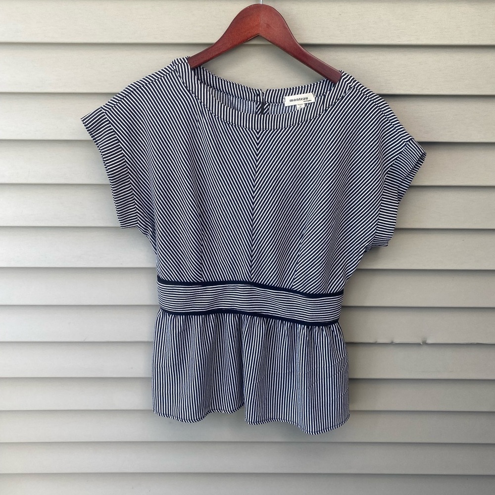 Monteau Black and White Striped Short Sleeve Boxy Peplum Blouse
